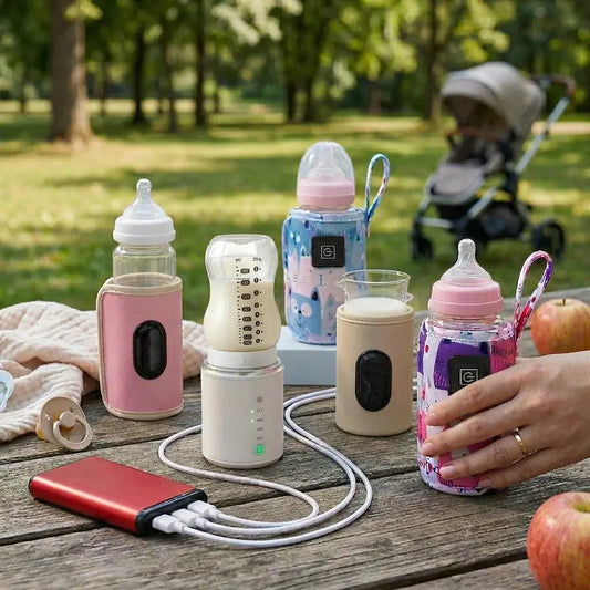 chauffe biberon nomade differents modeles poses sur une table en exterieur 