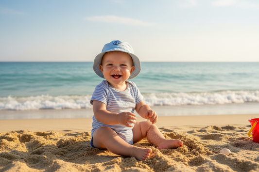 bébé qui joue avec du sable au bords de la plage et rigole