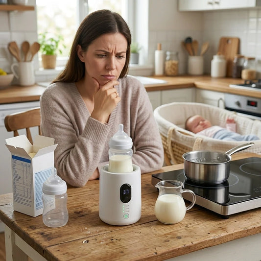 maman confuse regardant un chauffe biberon dans sa cuisine avec son bebe en arriere plan.webp