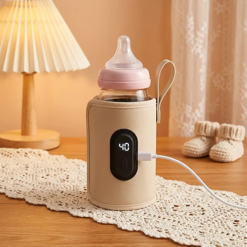 Chauffe biberon nomad Nido beige posé sur table de nuit