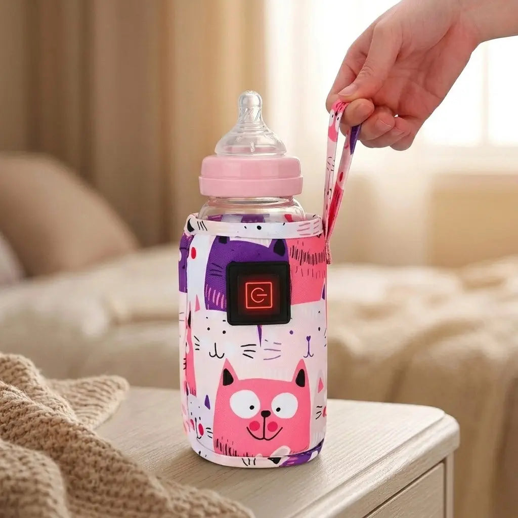 Le modèle rose style A de Mochi le chauffe biberon mis en valeur sur table de nuit