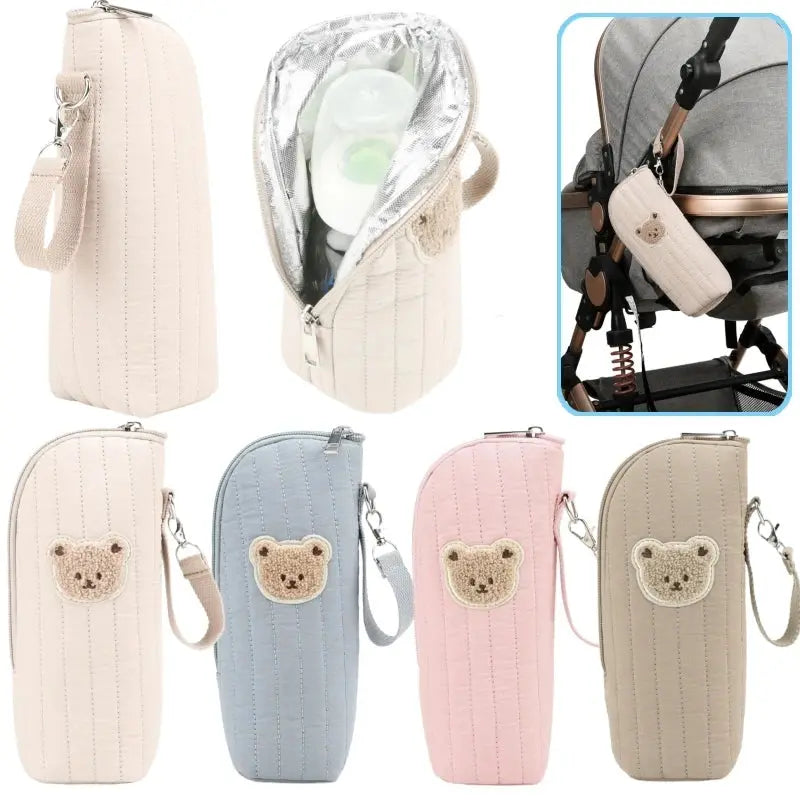 Présentation des différentes couleurs du sac isotherme avec miniature du sac isotherme accroché  une poussette