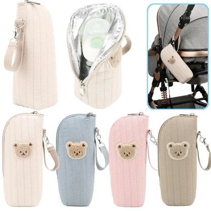 Présentation des différentes couleurs du sac isotherme avec miniature du sac isotherme accroché  une poussette